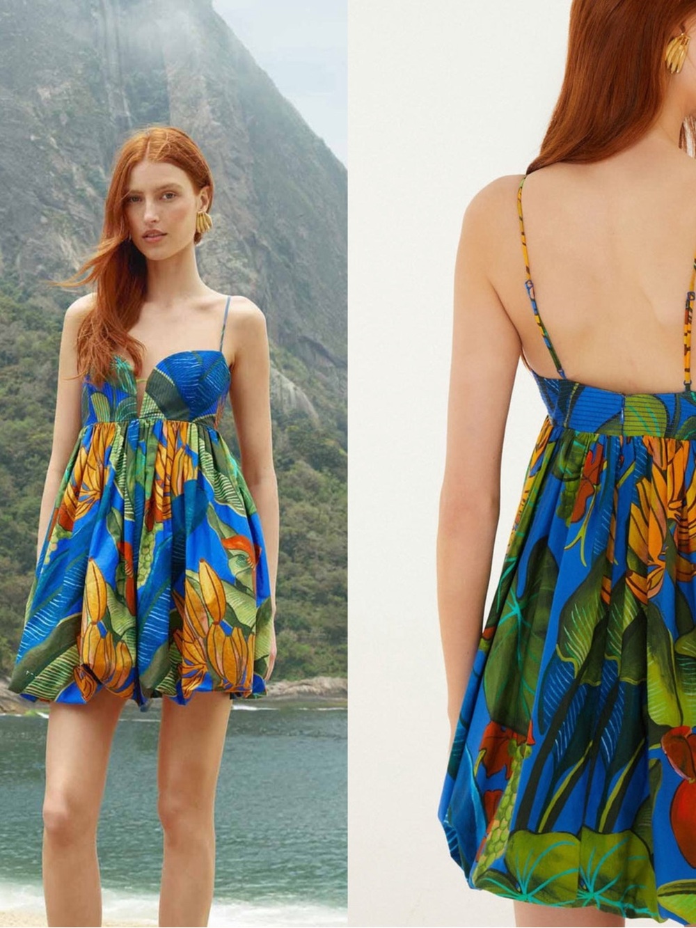 Farm Rio Blue Banana Grapes Tropical Print  Organic Cotton Mini Dress
